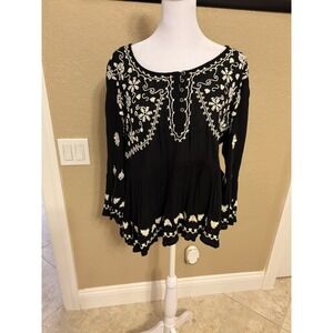 Anthropologie Meadow Rue Top Blouse Small Viscose Gauze Crinkle Embroidery, Boho